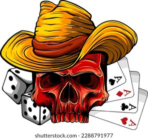 vector illustration of cowboy skull with poker ace and dice