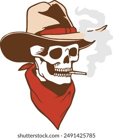 Vector illustration of cowboy skull smoking cigarette