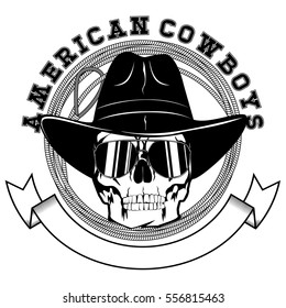Vector illustration cowboy skull with sunglasses in hat and lasso. Lettering american cowboys.