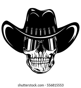 Vector illustration cowboy skull with sunglasses in hat