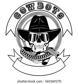Vector illustration cowboy skull with sunglasses in hat and revolver with bullet on lasso. Lettering cowboys.