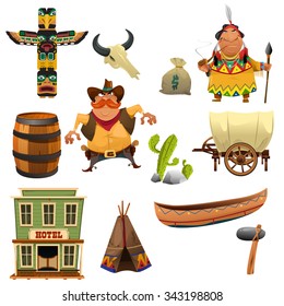 A vector illustration of cowboys and Indian icon sets