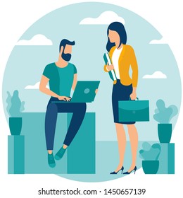 Vector illustration of coworkers are communicating in office. Man and woman in coworking open space. Flat design concept of office workspace,  teamwork creative communications.