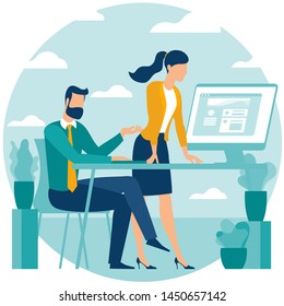 Vector illustration of coworkers are communicating in office. Man and woman in coworking open space. Flat design concept of office workspace,  teamwork creative communications.
