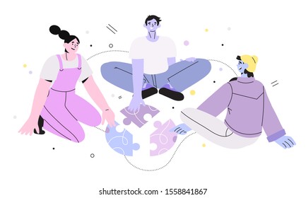 Vector illustration of coworkers doing round jigsaw puzzle isolated on a white background. Teamwork, coworking and business partnership concept for banner, flyer, article, landing page, ui ux design.