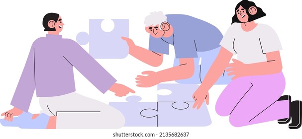 Vector illustration of coworkers doing round jigsaw puzzle isolated on a white background. Teamwork, coworking and business partnership concept for banner, flyer, article, landing page, ui ux design.