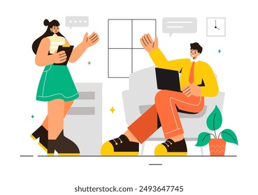 Vector Illustration of a Coworking Business with Colleagues Talking, Meeting, and Working in a Flat Style Cartoon Office Background