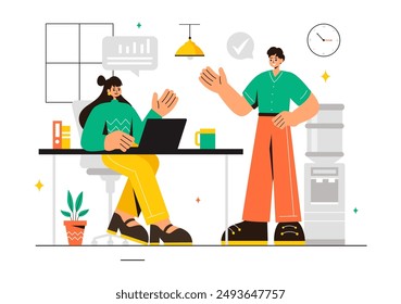 Vector Illustration of a Coworking Business with Colleagues Talking, Meeting, and Working in a Flat Style Cartoon Office Background