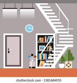 Vector Illustration Coworking Center Cartoon. Opportunity Chat on Phone Long Corridor with Soft Sofas or Smoking Area. Atmosphere is Friendly, Cozy and Homely, Nothing around Like Office.