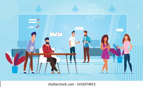 Vector Illustration Coworking Center Cartoon. Modern Workspace for Creative People. Men and Women Work Together Indoors. Man Sits at  Table and Works at Laptop. Women Laugh and Talk.
