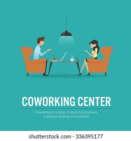 vector illustration of coworking center concept,  people talking , meeting in coffee shop, coffee desk ,discussing,working,laptop  