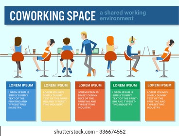 vector illustration of coworking center concept, people talking , meeting in coffee shop, working together, colorful infographic template 