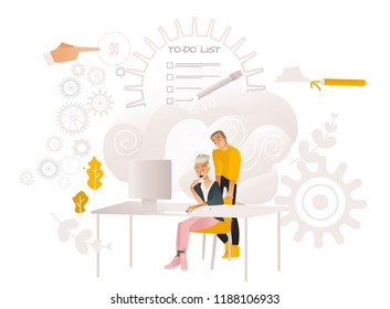 Vector illustration of coworking communication concept with two young business women working together with computer and discussing project in cartoon style isolated on white background. Vector illustration of coworking communication concept with two young business women working together with computer and discussing project in cartoon style isolated on white background.