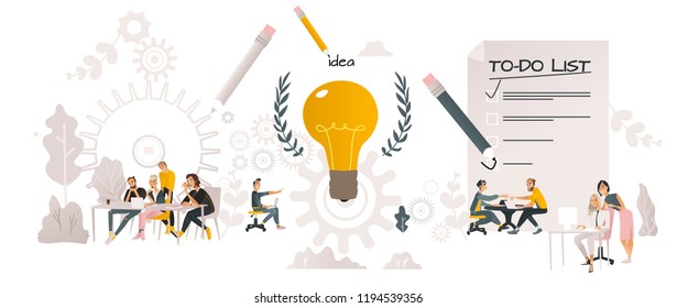 Vector illustration of coworking communication horizontal banner in cartoon style isolated on white background. Business people working together and discussing common idea around big light bulb.