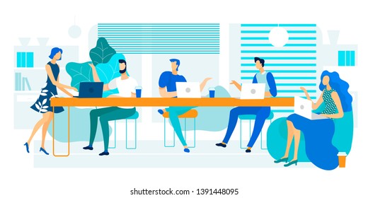 Vector Illustration Coworking Large Long Table. People Share Workspace by Working Together on Laptop at Common Table with Panoramic Windows. Men Drinking Coffee at Work. Corporate Meeting.