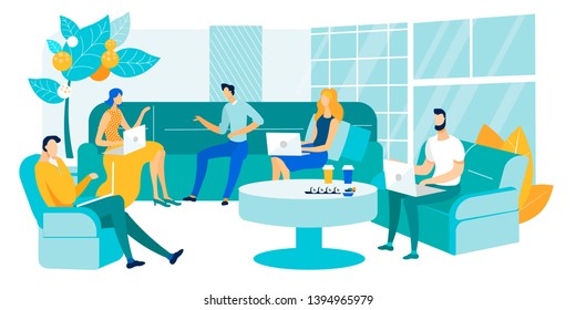 Vector Illustration Coworking Meeting Room Flat. Men and Women Sit on Sofas with Laptops, on Table Sushi and Drinks. Office Staff Working at Lunch. Meeting and Discussion Success Manager.