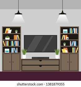 Vector Illustration Coworking Room Interior Flat. Separate Single Room with Table with Lamp. Coworking Conduct Lectures, Conferences and Literary Evenings. Minimalist Style, Plasma Wall.