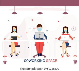 Vector Illustration of co-working space, concept illustration. Young people, business woman and man wearing medical masks working on laptop with COVID-19 SOPS