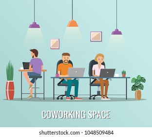 Vector illustration of coworking space. Working place, office. People working in the  office. Flat design.