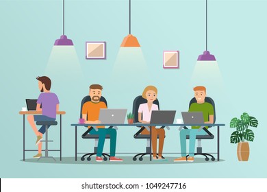 Vector illustration of coworking space. Working place, office. People working in the  office. Flat design.