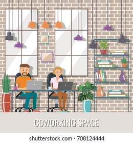 Vector illustration of coworking space. Working place, office. People working in the creative office. Flat design. 