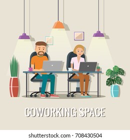 Vector illustration of coworking space. Working place, office. People working in the office. Flat design.