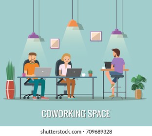Vector illustration of coworking space. Working place, office. People working in the creative office. Flat design. 