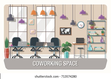 Vector illustration of coworking space. Working place, creative office.