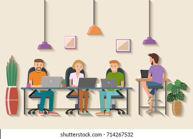 Vector illustration of coworking space. Working place, office. People working in the creative office. Flat design.