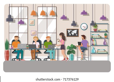 Vector illustration of coworking space. Working place, office. People working in the creative office. Flat design.