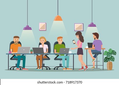 Vector illustration of coworking space. Working place, office. People working in the  office. Flat design.