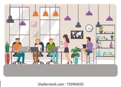 Vector illustration of coworking space. Working place, office. People working in the creative office. Flat design.