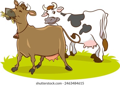 Vector illustration of cows with brown and black spots. The cow is standing, grazing. farm animals