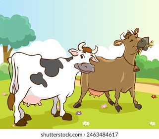 Vector illustration of cows with brown and black spots. The cow is standing, grazing. farm animals