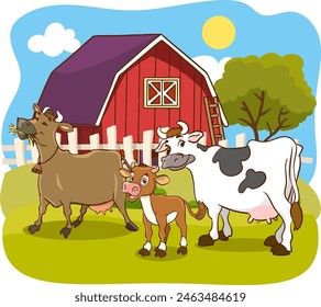 Vector illustration of cows with brown and black spots. The cow is standing, grazing. farm animals