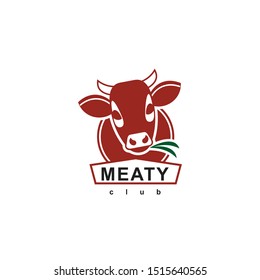 Vector Illustration Of A Cow's Face And Two Green Leaves. Ttxt Meaty Club. A Sign, Symbol Or Logo For A Meat Production Company.