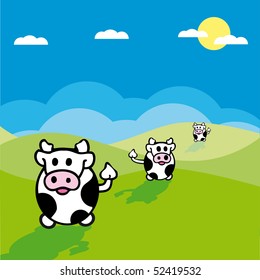 vector illustration of cows in a grassy field with blue sky