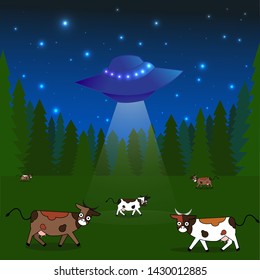 Vector illustration of cows graze in a field, in night landscape funny extraterrestrial flew to our planet. Banner Card Poster cartoon flat drawing. UFO or Flying saucer in space. Aliens launched.