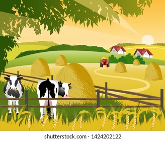 Vector Illustration. Cows are grazing in the corral. 