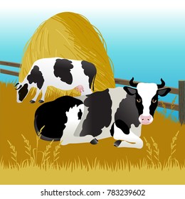 Vector Illustration. Cows are grazing in the corral. 
