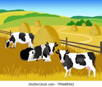 Vector Illustration. Cows are grazing in the corral. 
