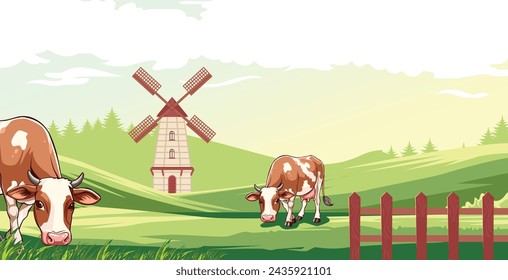 vector illustration of cows on a farm with a plantation background	