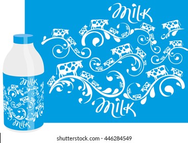 Vector illustration. Cows stand on a milk wave, Pattern