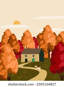Vector illustration. Cozy autumn, fall season, village, forest, park, cute house. Poster, banner, postcard, cover. Modern design.