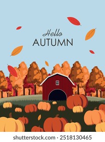 Vector illustration. Cozy autumn, fall harvest, pumpkins, leaves. Agriculture, thanksgiving, farmers market. Poster, banner, postcard, cover. Modern design.