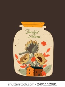 Vector illustration. Cozy autumn, hello autumn. Banner, card, cover, poster. Modern design. House in a jar.