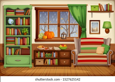 Vector Illustration Of A Cozy Autumn Living Room Interior With A Sofa, A Bookcase And Rain Outside The Window.
