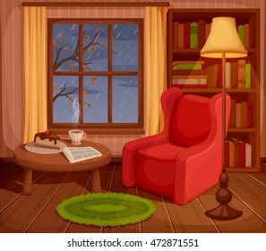 Vector Illustration Of A Cozy Autumn Living Room With Armchair, Bookcase, Lamp And Rain Outside The Window.