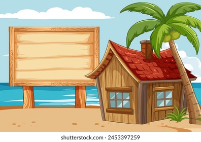 Vector illustration of a cozy beach hut with sign.