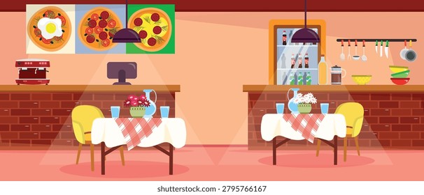 Vector illustration of a cozy cafe interior. Cartoon scene, bar counter, computer, pizza image, coffee machine, kitchen utensils, refrigerator with drinks, tables with chairs, bouquets, lighting.